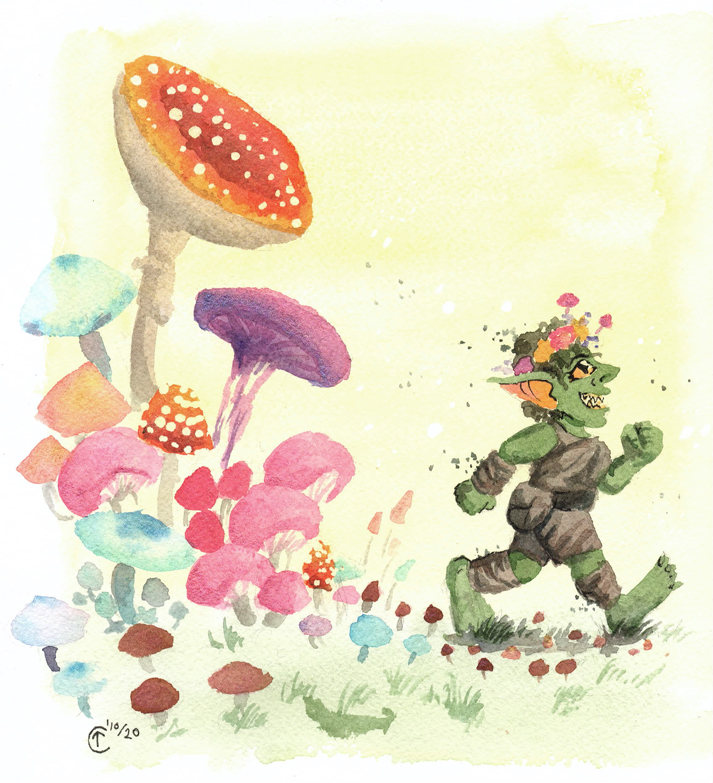 Watercolor goblin walking past giant mushrooms